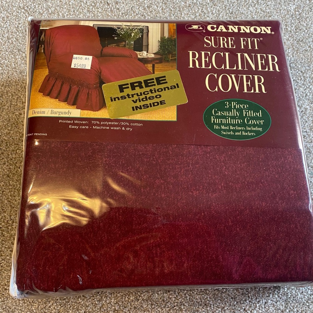 Cannon Sure Fit Recliner Cover 3 Piece Burgundy Denim‎ Woven Slipcover USA Made